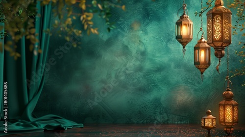 Elegant Ramadan themed image featuring ornate lanterns hanging amid green foliage on a textured teal background. photo