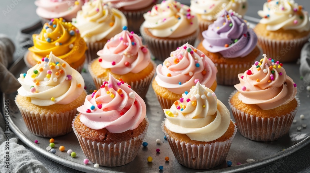 A tray of cupcakes with colorful frosting and sprinkles
