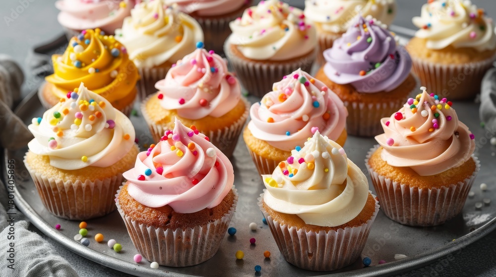 A tray of cupcakes with colorful frosting and sprinkles A tray of cupcakes with colorful frosting and sprinkles