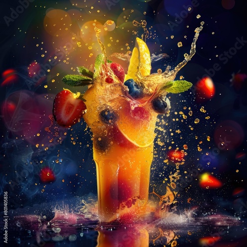 Vibrant Studio Lighting Captures Explosive Gruits Juice in Colorful Display photo