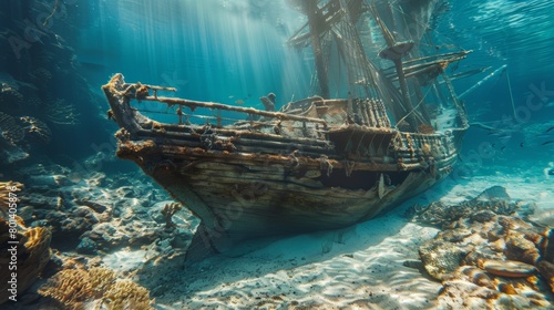 A shipwreck is seen in the water with the sun shining on it photo