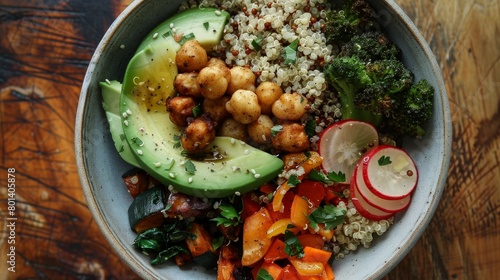 A bowl of food with a variety of vegetables and chickpeas