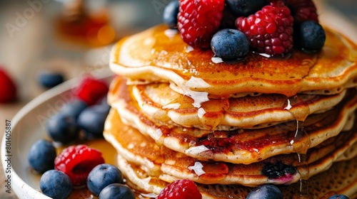 A stack of pancakes with blueberries and raspberries on top photo
