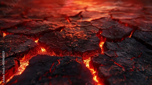 A close up of a lava field with red lava flowing out of a volcano