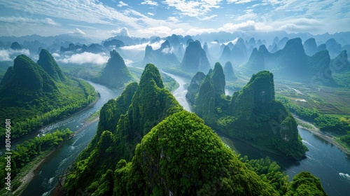 Awe-Inspiring Aerial View of Guilin's Breathtaking Landscape: A Bird's-Eye Perspective of the Majestic Scenery and Natural Beauty