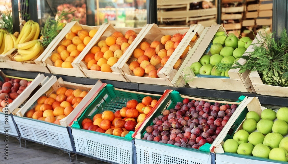 fresh fruits on crates on shop market