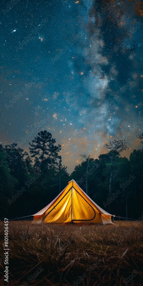 Yellow Tent in Field Under Night Sky