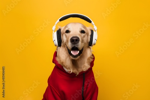 Happy Golden Retriever in red hoodie and headphones on yellow background, relaxed and cheerful © Muhammad Shoaib
