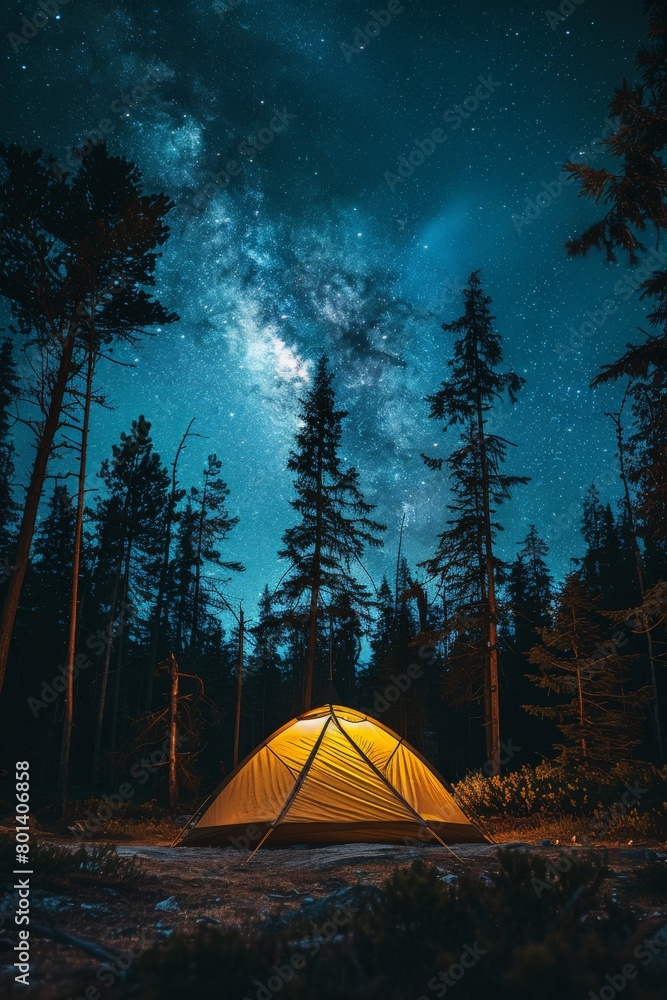 Tent in Forest Under Night Sky