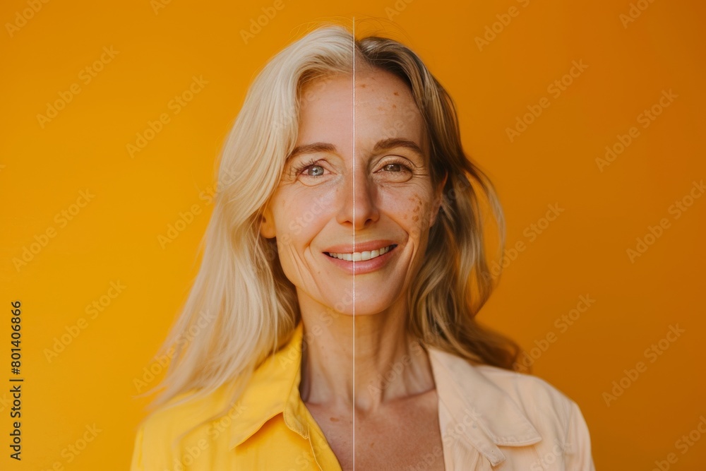 Aging split representation portrayed through hairdo and gray hair in ...