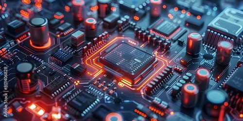 Futuristic Circuit Board with Illuminating Microchips and Interconnected Components Showcasing Technological Innovation and Modern Engineering