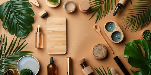 Eco Friendly Gadgets and Beauty Products with Sustainable Materials and Energy Efficient Designs Modern Flat Lay Composition with Tropical Leaves and