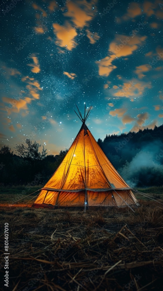 Tent in the Middle of a Field Under a Night Sky