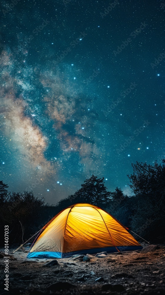Tent Pitched Up in Field Under Night Sky