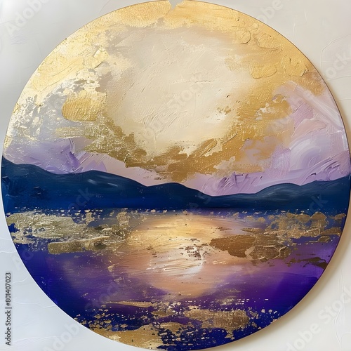 Sunset painting with round shape in shades of beige, blue, violet, purple, and gold. Concept Sunset Painting, Beige Tones, Blue Hues, Violet Shades, Purple Palette, Gold Accents photo