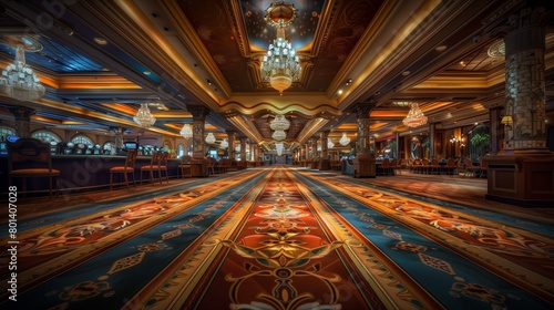 Luxurious casino interior with ornate details  vibrant carpet  chandeliers  and elegant seating arrangements.