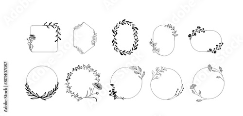 Botanical circle frame. Hand drawn round line border, leaves and flowers, wedding invitation and cards, logo design and posters template. Elegant minimal style floral vector isolated set