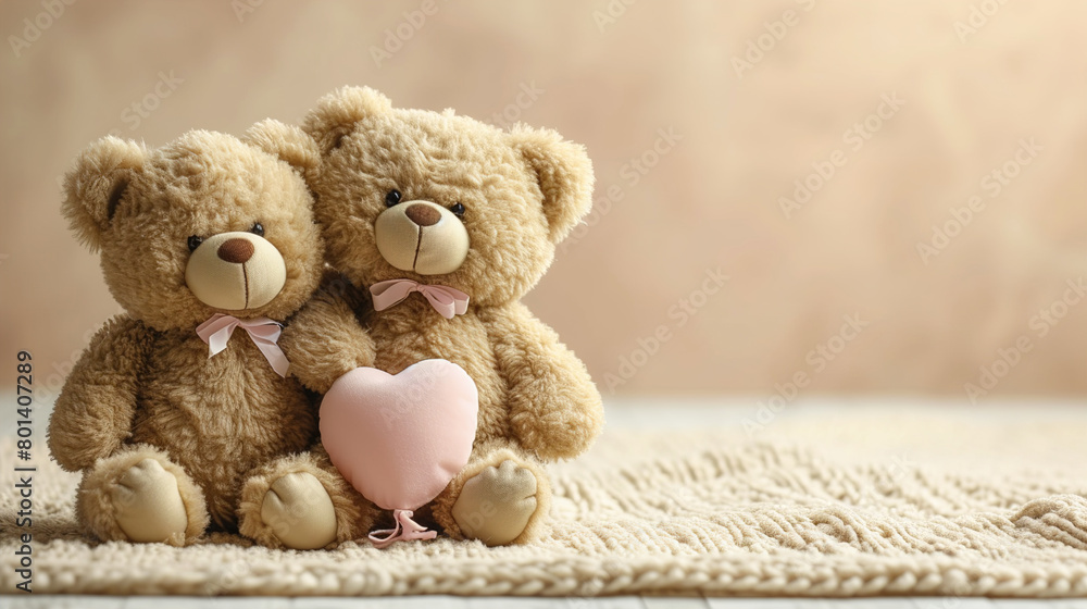 Two Teddy Bears with a Heart-Shaped Balloon on a Light Beige Background with Copy Space Two Teddy Bears with a Heart-Shaped Balloon on a Light Beige Background with Copy Space