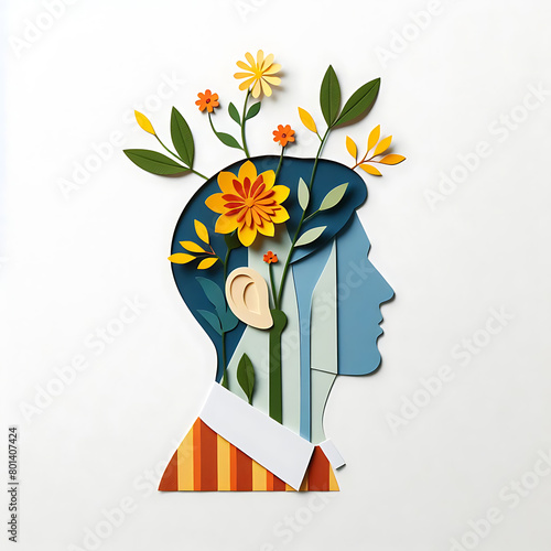 flowers on a man's head in paper style, Generative AI photo