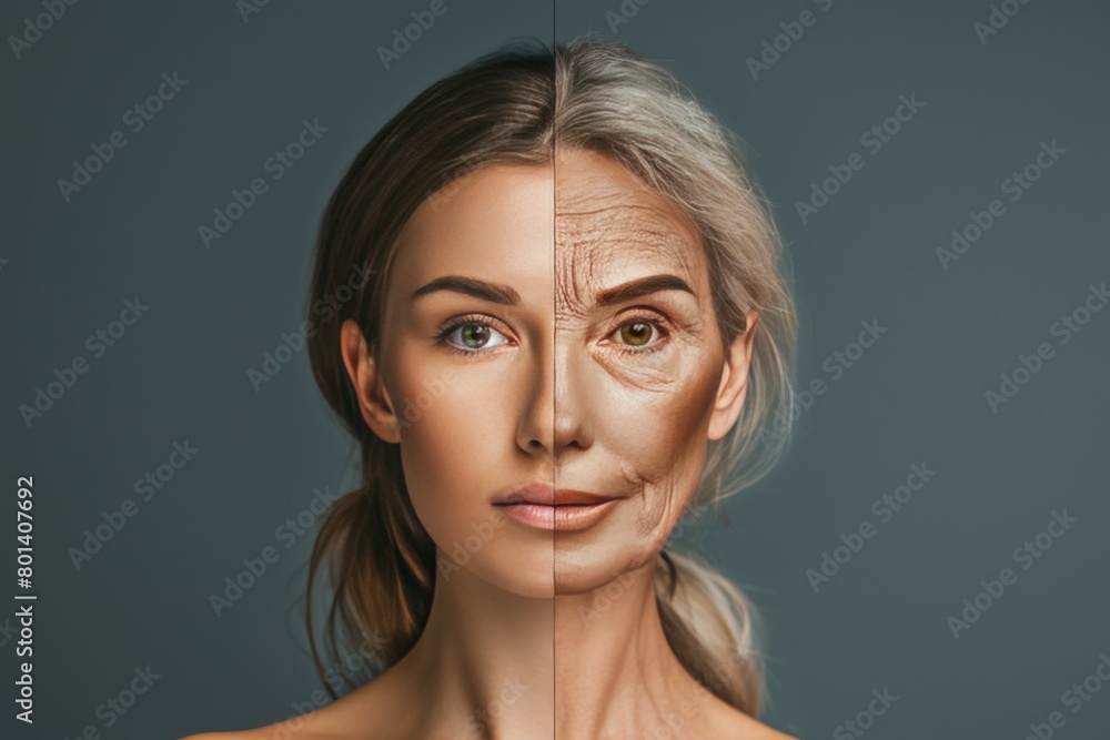 Split age visual portraits depict aging care techniques focusing on skin smoothing, resilience, and gray hair through hairdo. Split age visual portraits depict aging care techniques focusing on skin smoothing, resilience, and gray hair through hairdo.