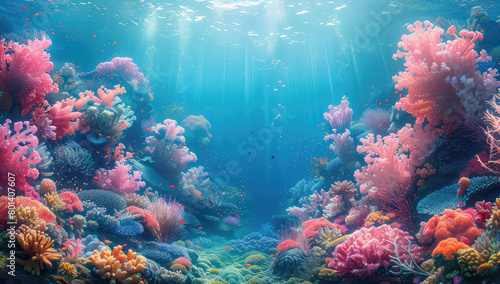 Beautiful underwater scene with colorful coral reefs and sunlight filtering through the water. Created with Ai