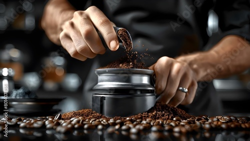 Baristas hands in slow motion tamping freshly ground coffee beans. Concept Coffee, Baristas, Slow Motion, Tamping, Coffee Beans photo
