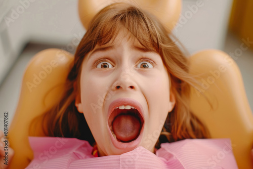 Little child screaming at the dental chair. Child looking scared