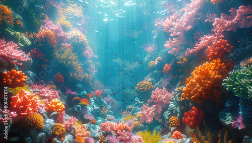 An underwater scene with coral reefs and fish  illuminated by the sun s rays filtering through clouds above. Created with AI