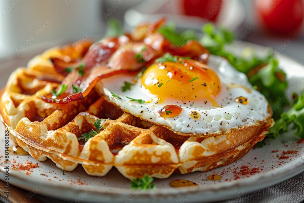 Plate of Waffles With Bacon and Egg