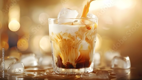 Making a refreshing cold brew coffee: Pouring coffee and milk over ice. Concept Cold Brew Coffee, Iced Coffee, Coffee Recipe, Summer Drink, Homemade Refreshment photo