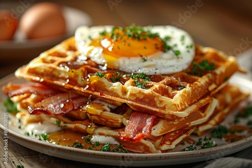 Plate of Waffles With Bacon and Eggs