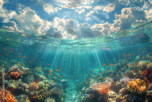 A mesmerizing underwater scene with coral reefs, fish and sunbeams piercing through the water's surface. Created with Ai