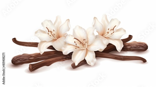 Beautifully detailed illustration of white vanilla flowers paired with aromatic vanilla pods on a soft background.