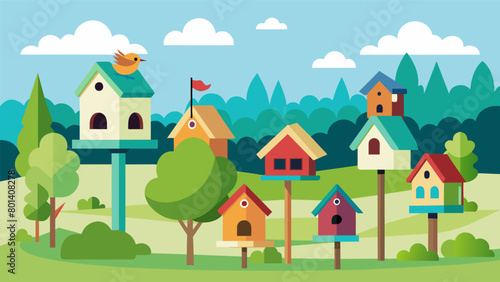 A peaceful meadow filled with birdhouses each one representing a state in the country a true celebration of the nations diversity.. Vector illustration