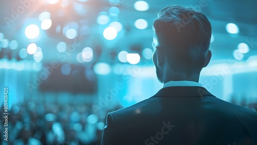 Unrecognizable speaker presenting at corporate conference with audience in hall. Concept Corporate Conference, Business Speaker, Professional Audience, Presentation Hall, Unrecognizable Speaker photo