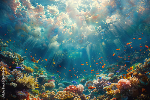 An underwater scene of coral reefs and marine life, with rays of sunlight filtering through the water's surface. Created with Ai © oliver