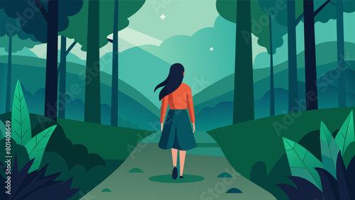 A woman walking through a peaceful forest the surrounding trees and nature acting as a metaphor for the stillness and calm she has found within.