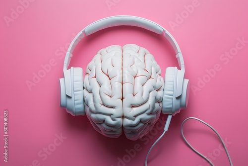 Pink background, human brain with white headphones, musics impact on cognition and emotions photo