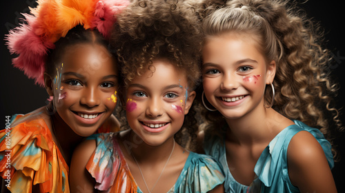 Joyful Children with Colorful Face Paint and Feathers.