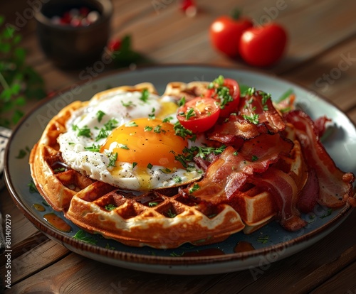 Plate of Waffles Topped With Bacon and Egg