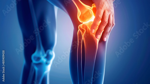 3D illustration highlights knee joint pain with a side view, hand grasping the affected leg against a blue background. Detailed 3D render of a painful knee joint, side view, with a human leg and hand.