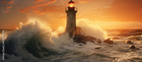 concept of waves crashing against a lighthouse with a sunset in the background