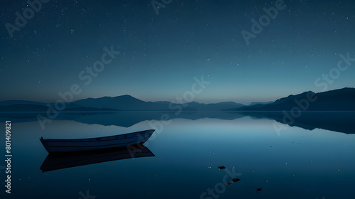 A Rowboat on a Still Lake Under a Starry Night Sky