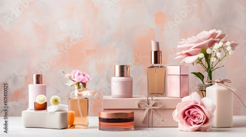 Wallpaper Mural Beauty Products: A sleek arrangement of beauty products like skin care creams, makeup, and fragrances, presented as ideal gifts Torontodigital.ca