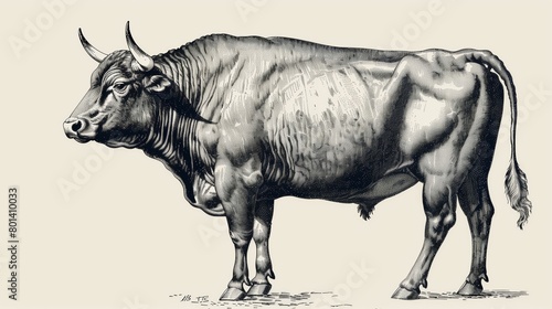 Detailed black and white illustration of a robust bull standing, showing intricate textures.