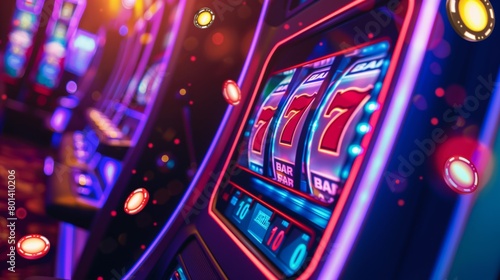 Vibrant slot machines with glowing screens and neon lights in a casino setting.