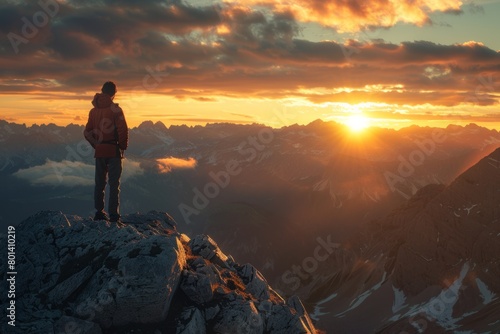 Person standing on the edge of a mountain gazing sunrise