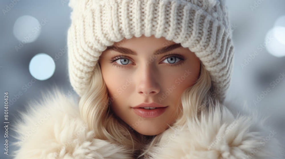 Winter Beauty Portrait: Blue-Eyed Woman in White Knit Hat Winter Beauty Portrait: Blue-Eyed Woman in White Knit Hat