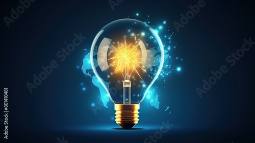 Light bulb with hologram infographic and glowing particles. Digital technology and innovation concept.