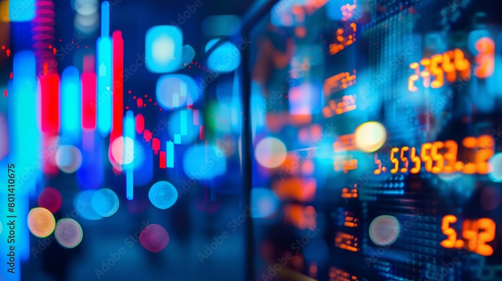 Abstract financial background with vibrant blue and red stock market chart data and digital numbers.